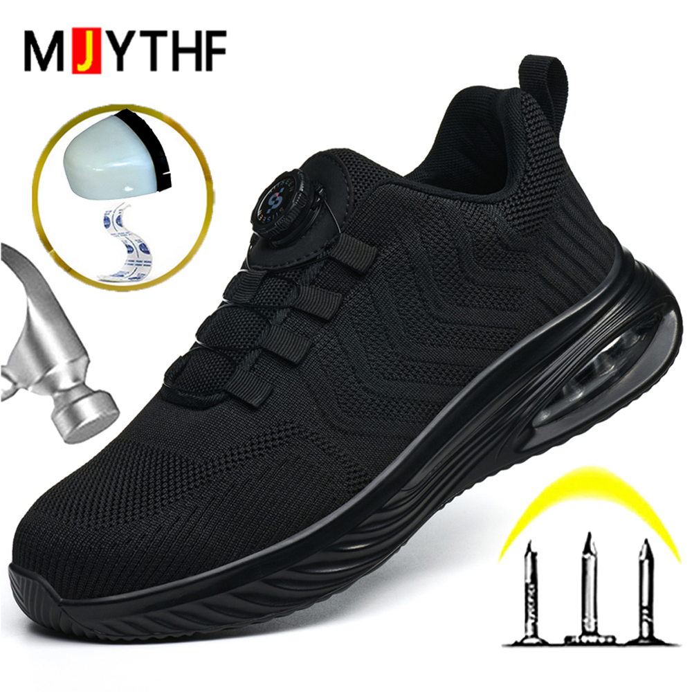 Sneaker Care - 回転ボタン安全靴男性エアクッションワークスニーカー鋼つま先靴耐パンク安全保護靴ワークブーツ